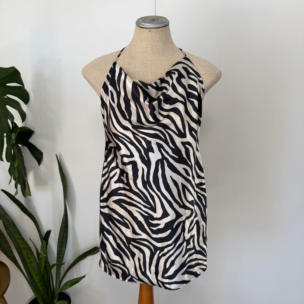 H&M Divided Zebra Mini Dress Womens Small Black Satin Halter Cowl Neck Party